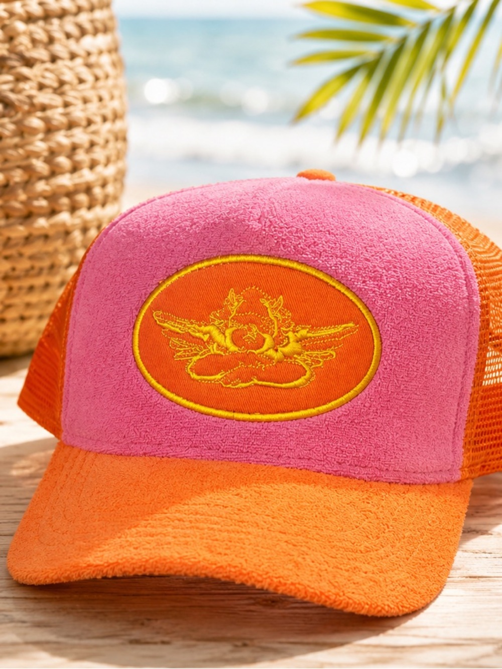 Boys Lie Pink & Orange Terry Cloth Trucker Hat | Embroidered Cherub Logo